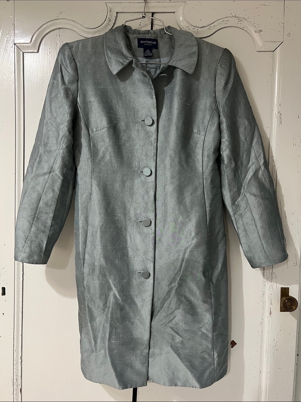 Vintage Ann Taylor 100% Silk Taffeta Corn Blue Trench Midi Jacket / Coat, 2P